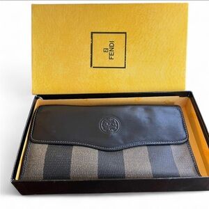 Vintage Fendi Pequin Stripe Long Wallet Organizer Black Brown Canvas Leather